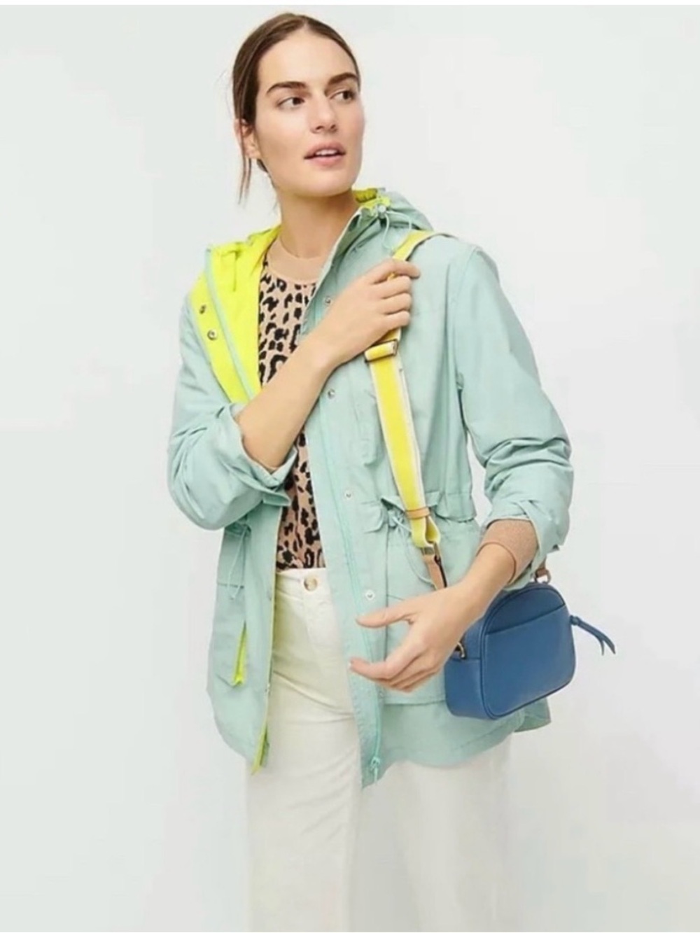 J. Crew Mint Green and lime Utility Jacket with Hood